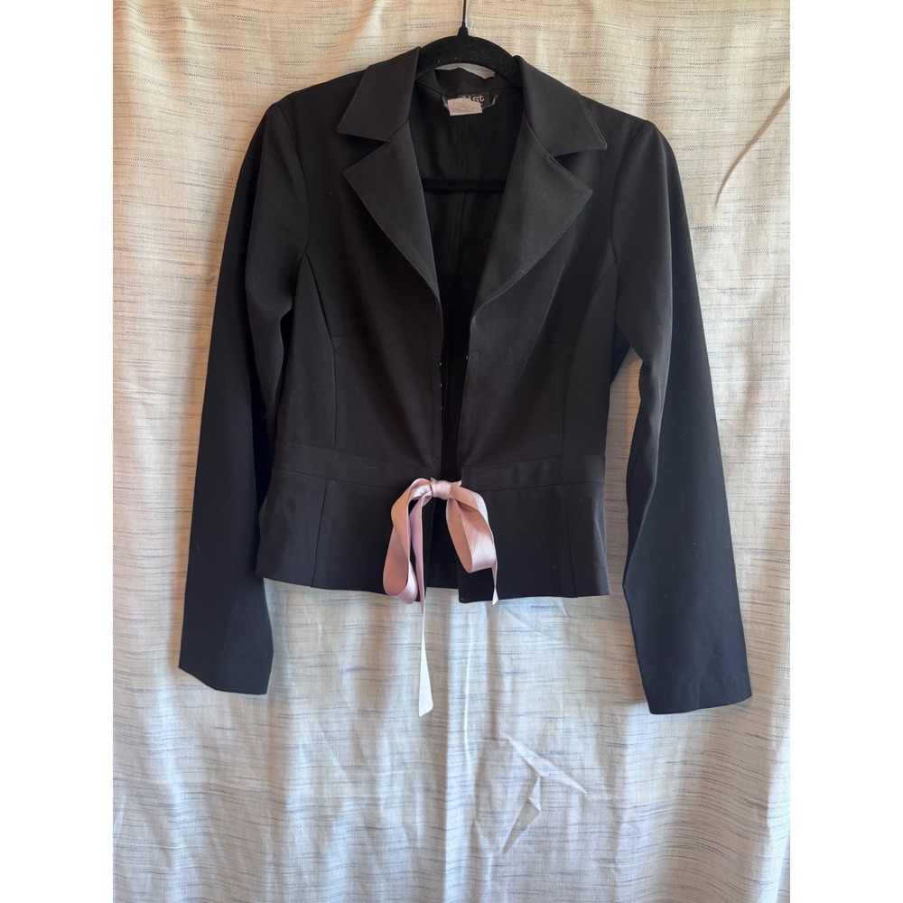 A-List by Wrapper Black Blazer Jacket Pink Ribbon Tie Waist Cropped Size 7/8